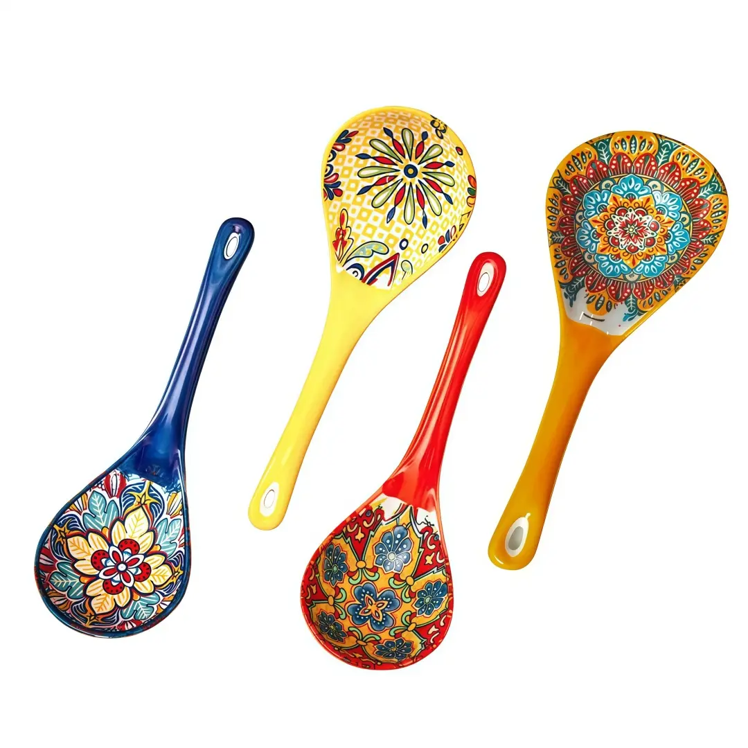 Bohemian Ceramic Soup Spoon Set, Cooking Spoons Set, Utensils, Kitchenware, Kitchen Supplies, Large Household Serving Spoons, Ramen Soup Spoons, Microwave and Oven Safe, Home And Kitchen, 4pcs