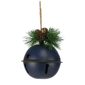 Navy Blue Metal Jingle Bell with Pinecones & Greenery Farmhouse Christmas Ornament