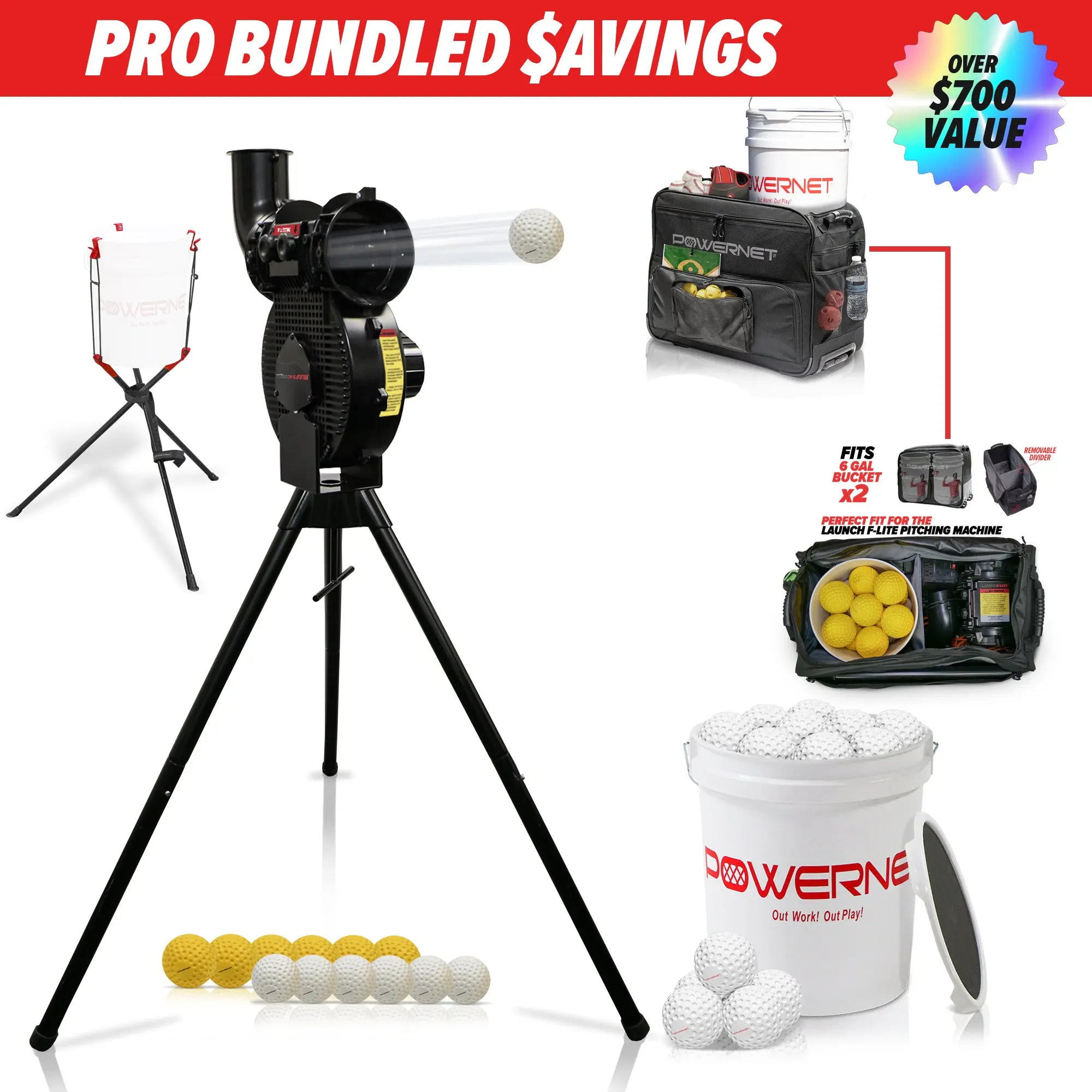 Pro Training Bundle | Launch F-lite Pitching Machine, Rolling Bag, Bucket Lifter & Baseballs