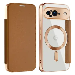 Electroplated Magnetic Flip Card Holder PU Leather Case for Google Pixel10A/10Pro XL/9ProXL/9A/Pixel 8A/7A Solid Color Wireless Charging Full Shockproof Protective Cover