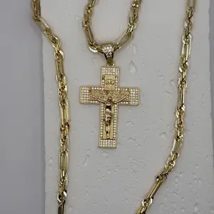 Last Supper Cross 14k Gold Plated Elegant Milano Figaro Cuban Link