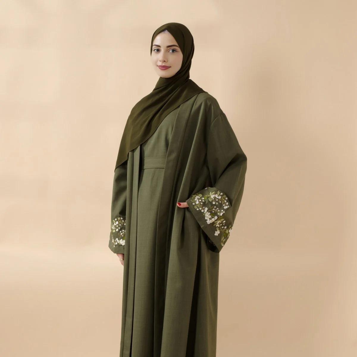 Olive Branch Embroidered Linen Abaya Set | 4-Piece Handmade Design | Jasmine & abaya coats | Symbol of Peace & Resilience | Includes Open Abaya, Inner Dress, Hijab, Belt | Modest Fashion | Full-Length, Wide Sleeves | Perfect for Weddings elega