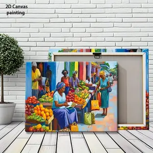 2D Flat, Caribbean Street Market Oil Painting on Canvas - Vibrant Tropical Artwork in Pine Wood Frame, Retro Art Deco Wall Decor for Living Room, Bedroom, Kitchen & Bathroom - Summer/Autumn Seasonal Indoor Wall Art, 2D Flat	