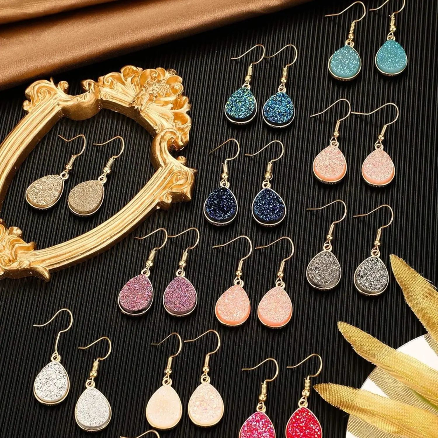 Women's 12-Pair Leaf-Shape Sparkling Teardrop Dangle Earrings Set - Elegant Faux Crystal, Stainless Steel Faux Druzy Pendants, Multicolor Simple Costume Jewelry for All Seasons, Ideal for Christmas Gifts