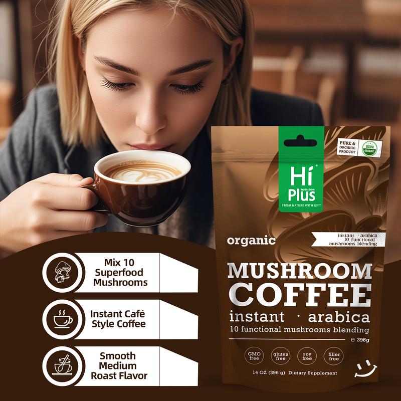 HiPlus Organic Mushroom Coffee Instant Arabica with 10 Functional Mushrooms | Weight & Immune Support | Lion’s Mane, Turkey Tail,Chaga & Reishi |14 oz (396g) HiPlus Organic Mushroom Coffee Instant Arabica with 10 Functional Mushrooms | Weight & Immune Support | Lion’s Mane, Turkey Tail,Chaga & Reishi |14 oz (396g)