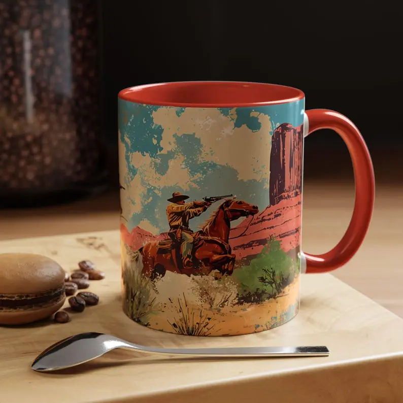 Retro Southwestern Cowboy Mug, Western Old Ceramic Mug, Rancher Southwest Tea Cup, Rodeo Rustic Drinkware, Country Kitchen Decor, Vintage Old Western 11 15oz Mug, Cowboy Theme Drinkware - wes10040