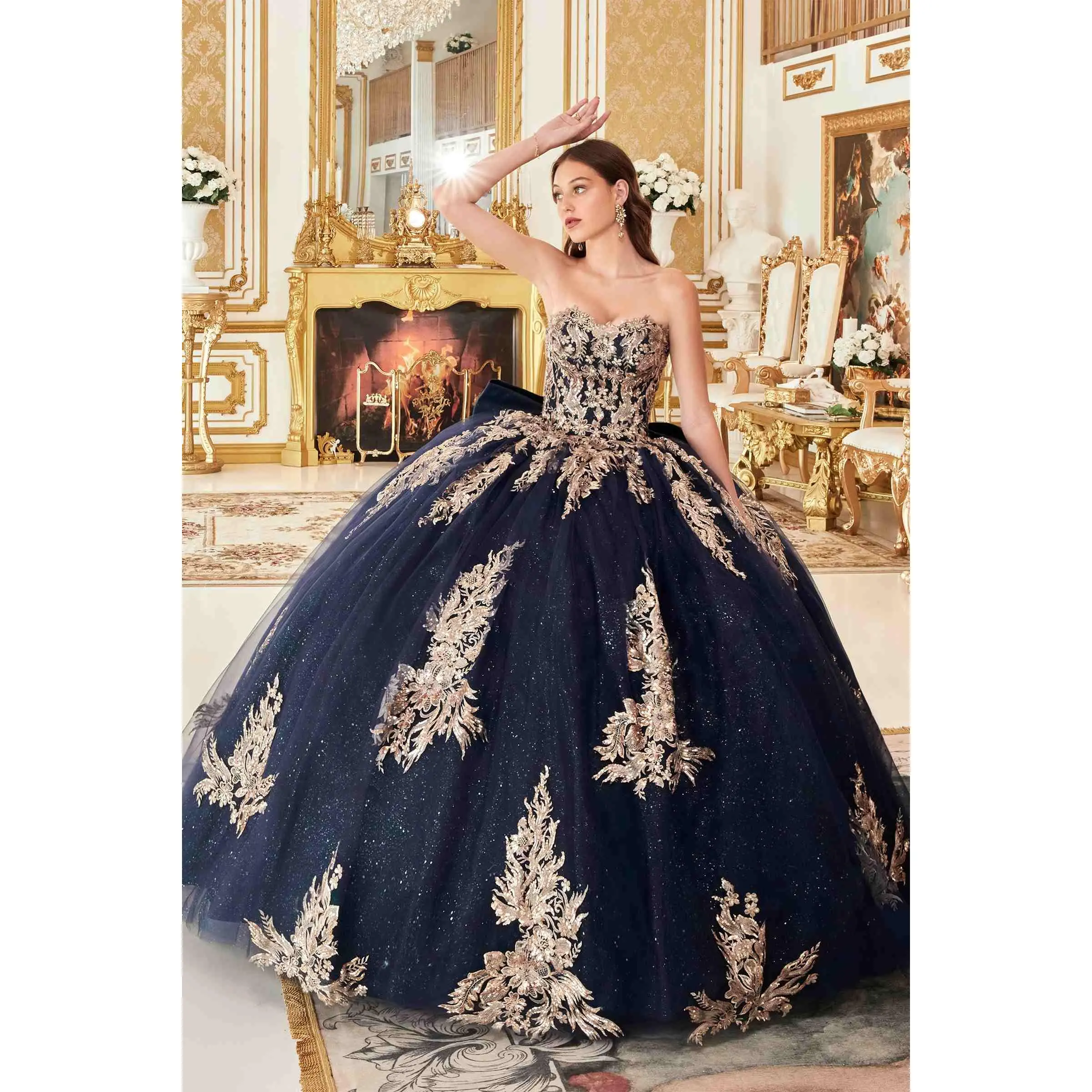 Ladivine 15715 Strapless Glitter Tulle Ball Gown with Lace Applique, Corset Back & Bow for Quinceanera or Prom, Gorgeous