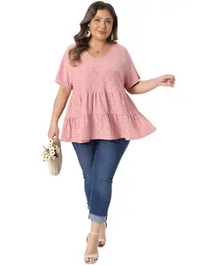 Agnes Orinda Plus Size Top for Women Summer V Neck Short Sleeve Shirts Eyelet Flowy Casual Babydoll Blouses