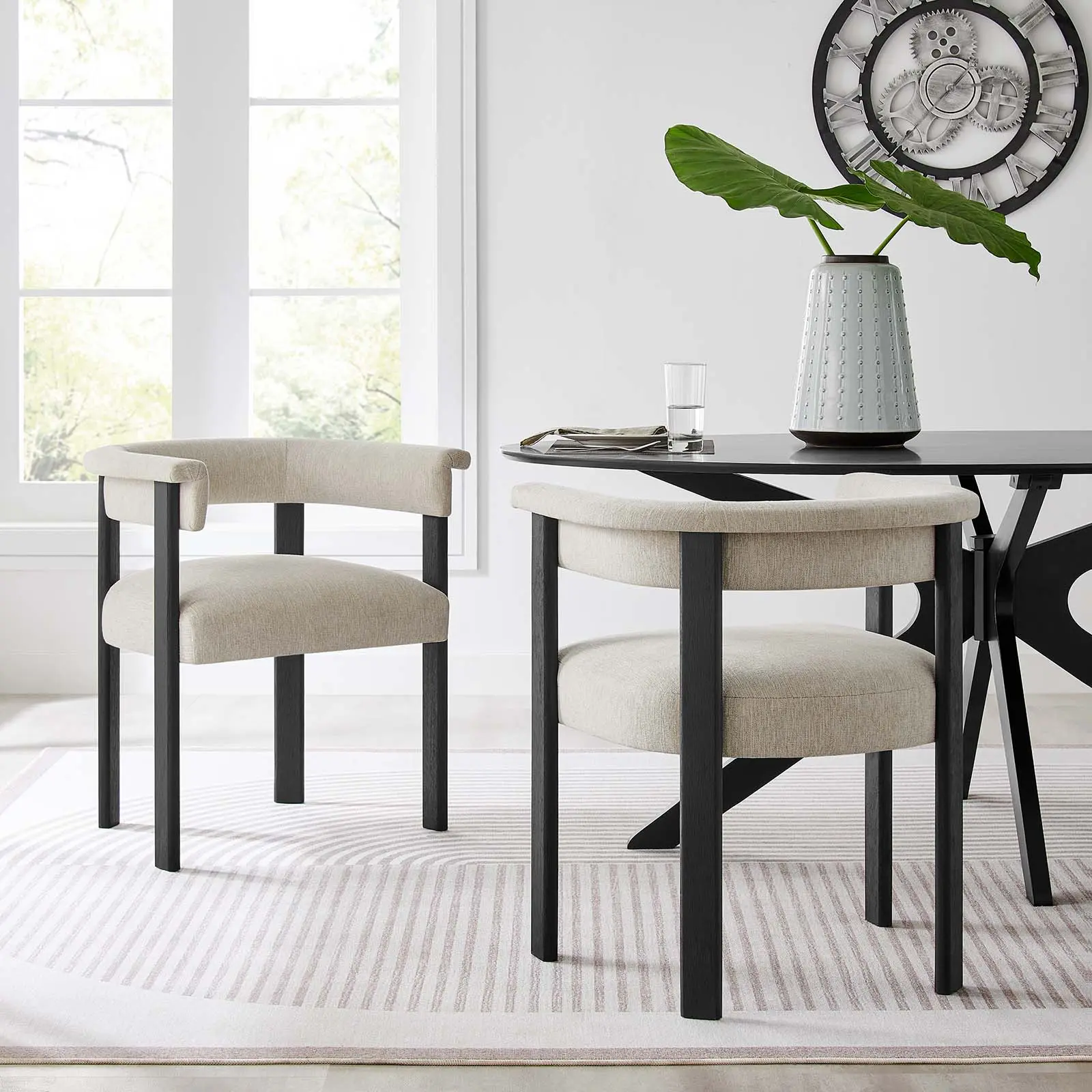Modway Imogen Dining Table Chairs - Set of 2 Modern Barrel Armchair Combo, Woven Comfy Heathered Fabric Upholstered, Ivory Black, Easy Assembly, Comfy Fabric Chairs