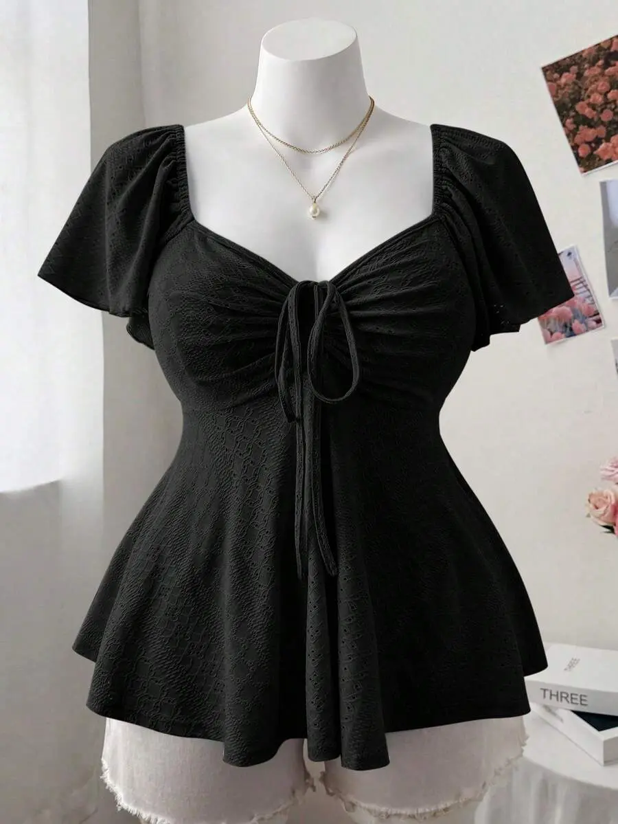 Kallé x Sweetra Plus Size Women Square Collar, Cap Sleeve, Textured A-Line Casual & Elegant T-Shirt