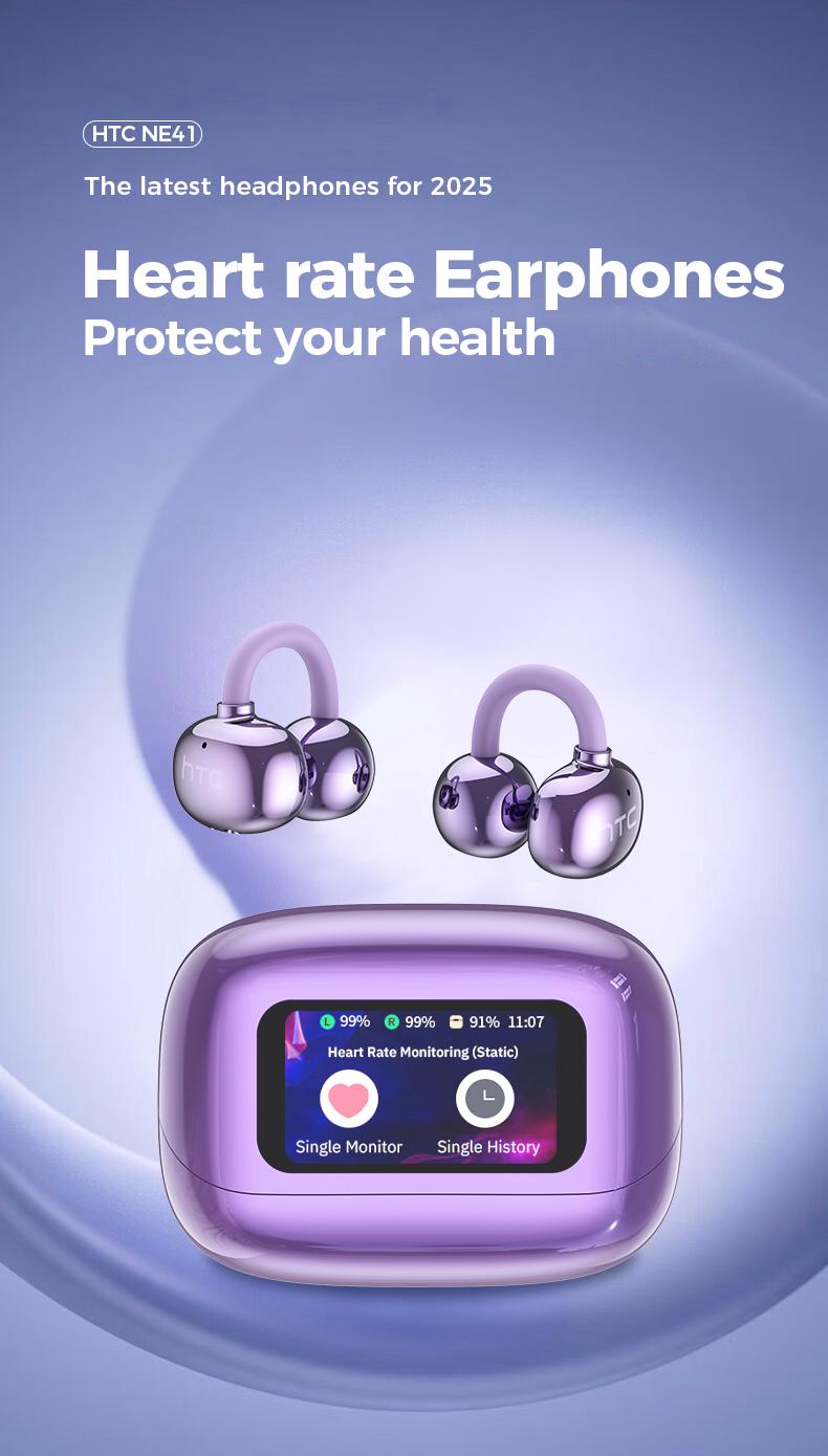 HTC NE41 Clip-On Ear Headphones ,Heart Rate Monitoring Earbuds, Blood Oxygen Monitoring Earbuds,Headphones for Music & Phone Calls, IPX5 Sport Waterproof & Sweatproof, with LCD Full Color Touch Screen, Bluetooth 6.0 Headsets, Heart Rate Health Management