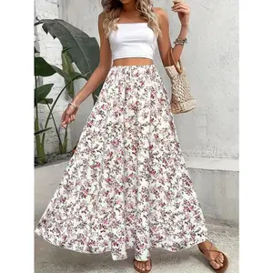 Floral Print A-line Skirt, Elegant Elastic High Waist Skirt For Spring & Summer, Women's Clothing Fabric Womenswear