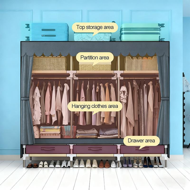 Portable Clothes Organizer for Small Spaces - Sturdy 16mm metal Frame, 3 Cubes + 3 Hanging Areas + 3 Drawers, Dust-Proof Closet for Quilts/Pillows clothing storage Closet Organizer apartment living room dressers for bedroom furniture set Wardrobe Armoire