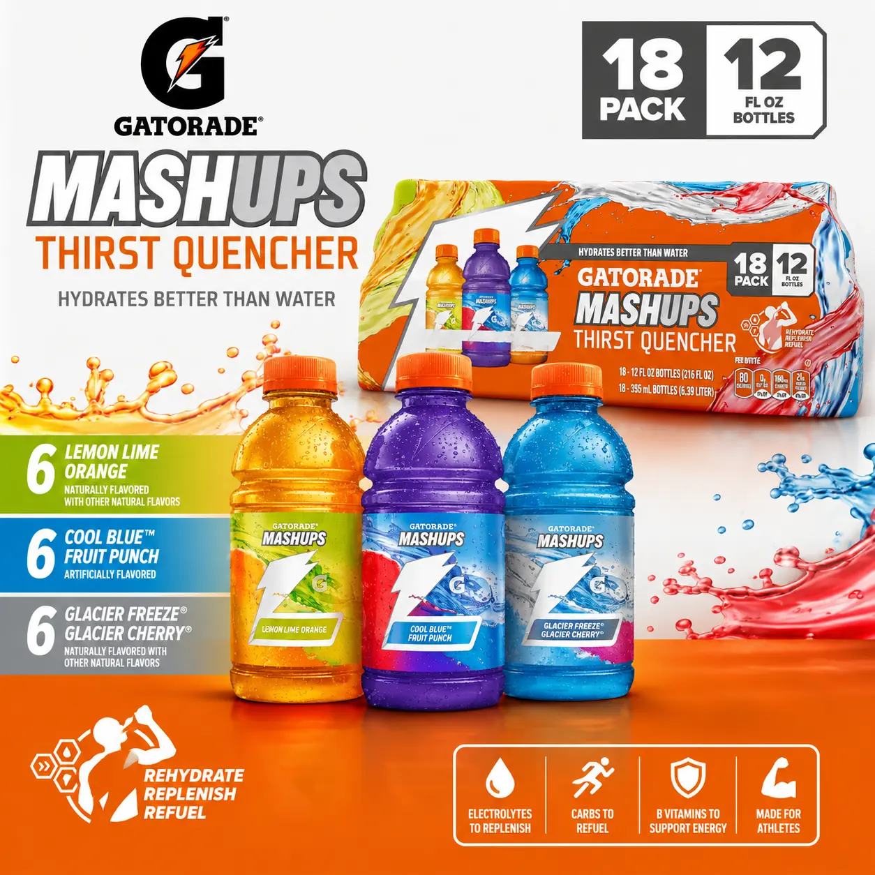 Gatorade Thirst Quencher Sports Drink, Mashups Variety Pack - Cool Blue-Fruit Punch, Lemon-Lime-Orange, Glacier Freeze-Glacier Cherry, 12 Fl Oz Packaged Set (Pack of 18) Hydration & Electrolyte Energy Drinks with Electrolytes, Bottled Energy Drinks