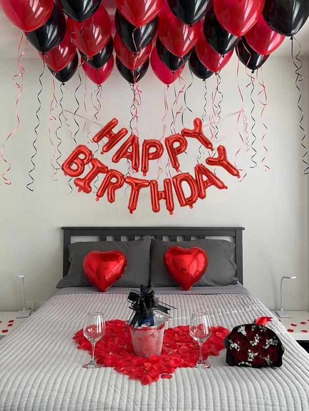 39pcs Red & Black Happy Birthday Balloon Kit, Letter Banner + Latex Balloons, Heart Foil Balloons, Romantic Party Decor for Birthday Anniversary Date Night, Photo Booth Backdrop Supplies