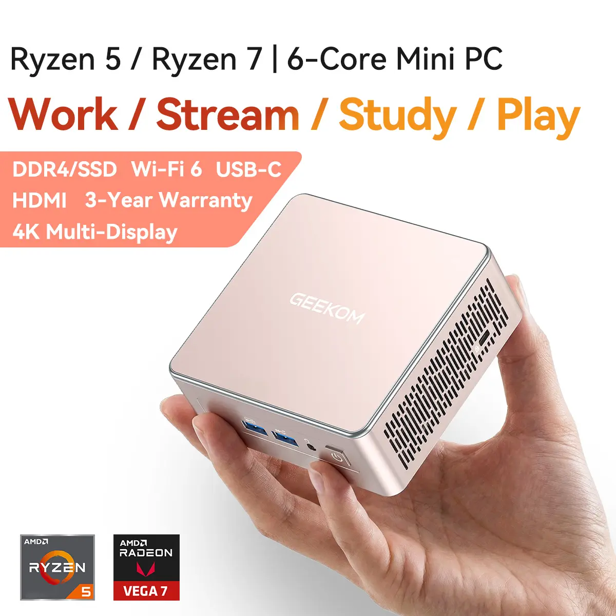 GEEKOM A5 2027 Edition Mini PC AMD Ryzen 7 7730U Cpu 16GB RAM 512GB SSD | Upgradeable Up to 64GB Win11 Pro 3-Year Warranty WiFi 6 Bluetooth HDMI 2 USB-C 4K Display Home Office Computer Cpu Good for light to moderate gaming