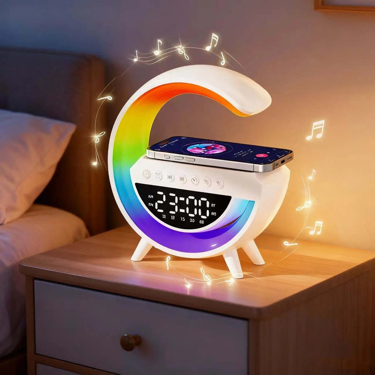 Wireless Charging Multifunctional Plastic LED Table Lamp - Bluetooth Speaker + Clock, Alarm, Nightlight for Heavy Sleepers, AC Power Supply, Modern Indoor Decor for Bedside/Desktop, Table Lamps