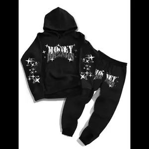 Unisex's Letter ＆ Stars Print Hoodie & Sweatpants Set, Regular Fit Casual Street Long Sleeve Hooded Pullover & Jogger Pants, Unisex's Spring & Fall Clothes