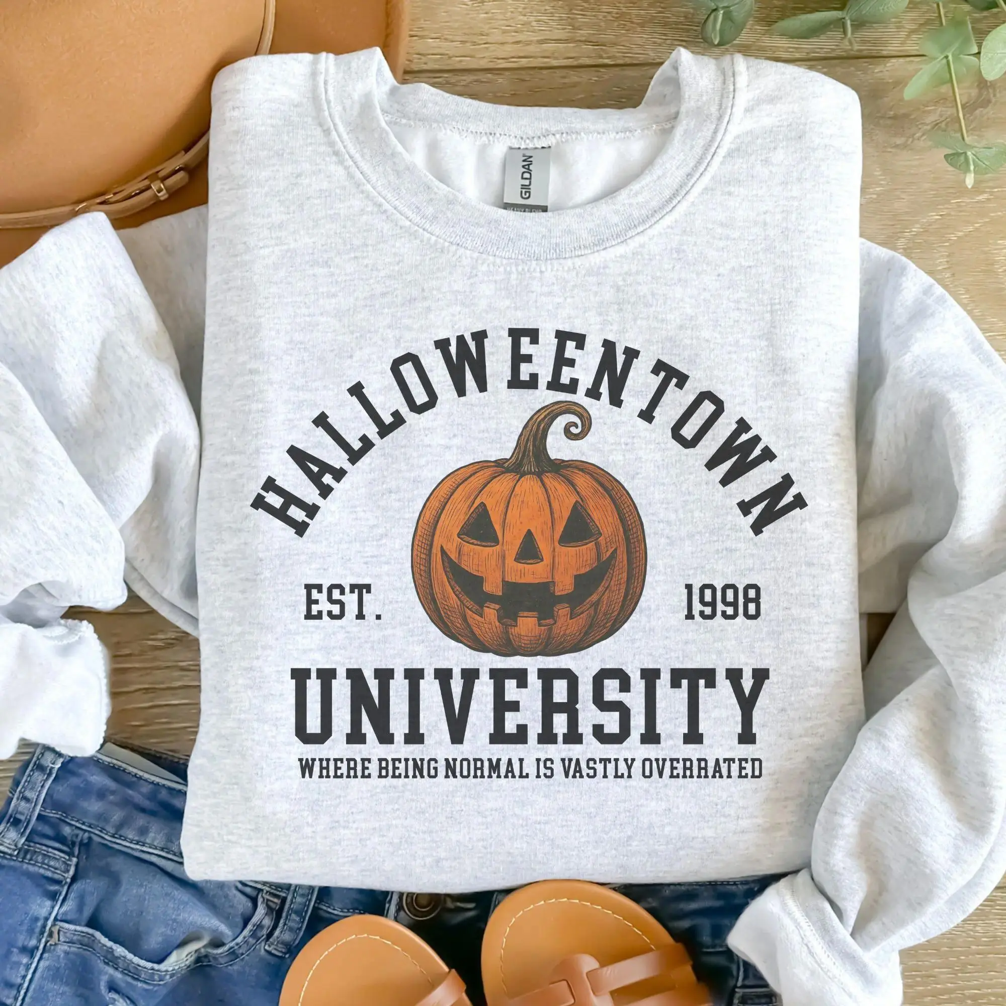 EraThreads Halloween Town University Pumpkin Graphic Sweatshirt Vintage Spooky Season Crewneck Cute Fall Pullover Casual Unisex Streetwear Cozy Everyday Wear Halloween Gift