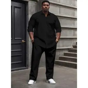 Men's Plus Size Casual Suit Set - Polyester Lapel Shirt with Slight Stretch, Solid Color Woven Bottoms, Regular Fit Elastane Clothes Pants Tops Long Sleeve Black Menswear Gamis Trouser