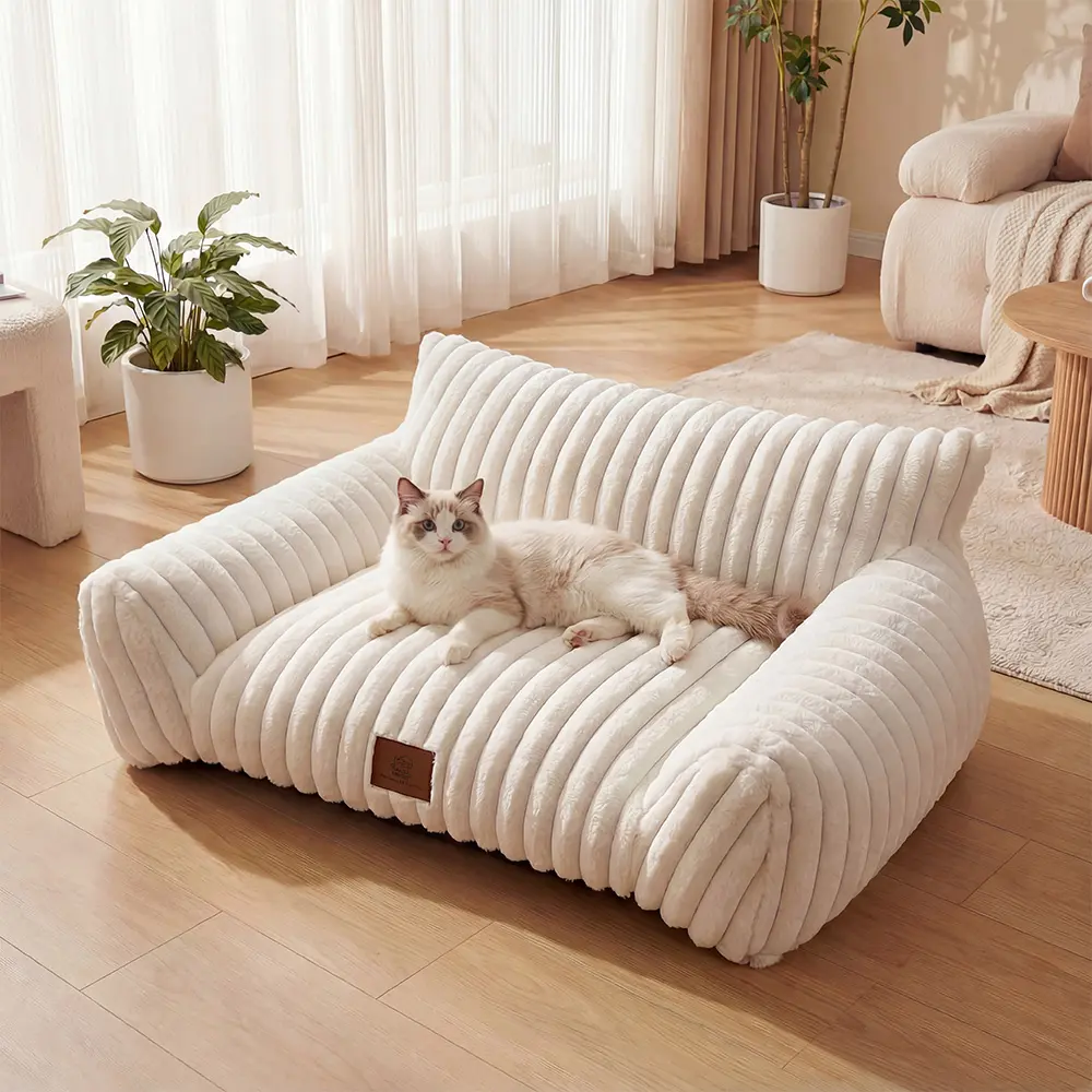 【Home Essentials】Fluffy Cloud Pet Sofa Bed - 3 Styles, All Sizes, Claw-Safe Fleece, 2:1 Foam+Fiber, Removable Washable Cover, 3-Sided Bolster, Head/Neck Cradle, Sleep Support for Indoor Cats, Fluffy Cloud Bed