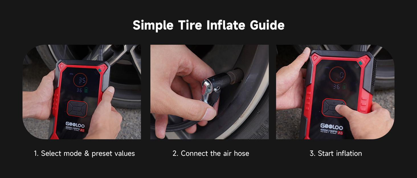 GOOLOO A5 Jump Starter with Air Compressor, 4000A Car Battery Jump Starter (All Gas/10.0L Diesel) with 160PSI Tire Inflator Auto-Off, 45W Output Power Bank, 12V Jump Box Car Jumper Starter Portable