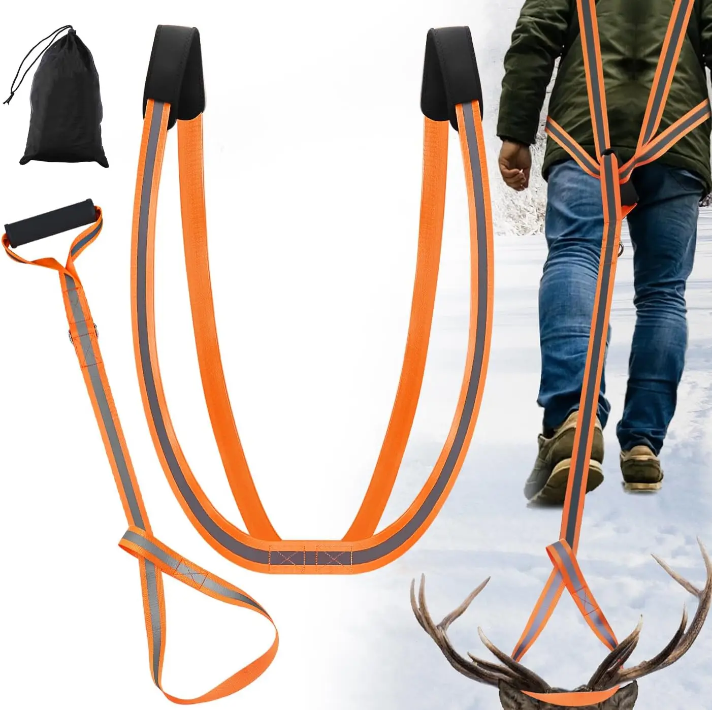 Heavy Duty Deer Drag Harnesses (2 Packs) - 500LBS Capacity Nylon, Reflective Strip, Soft Grip Handle, Widened Shoulder Straps Hunting Gear for Hunters, Harness Harnesses