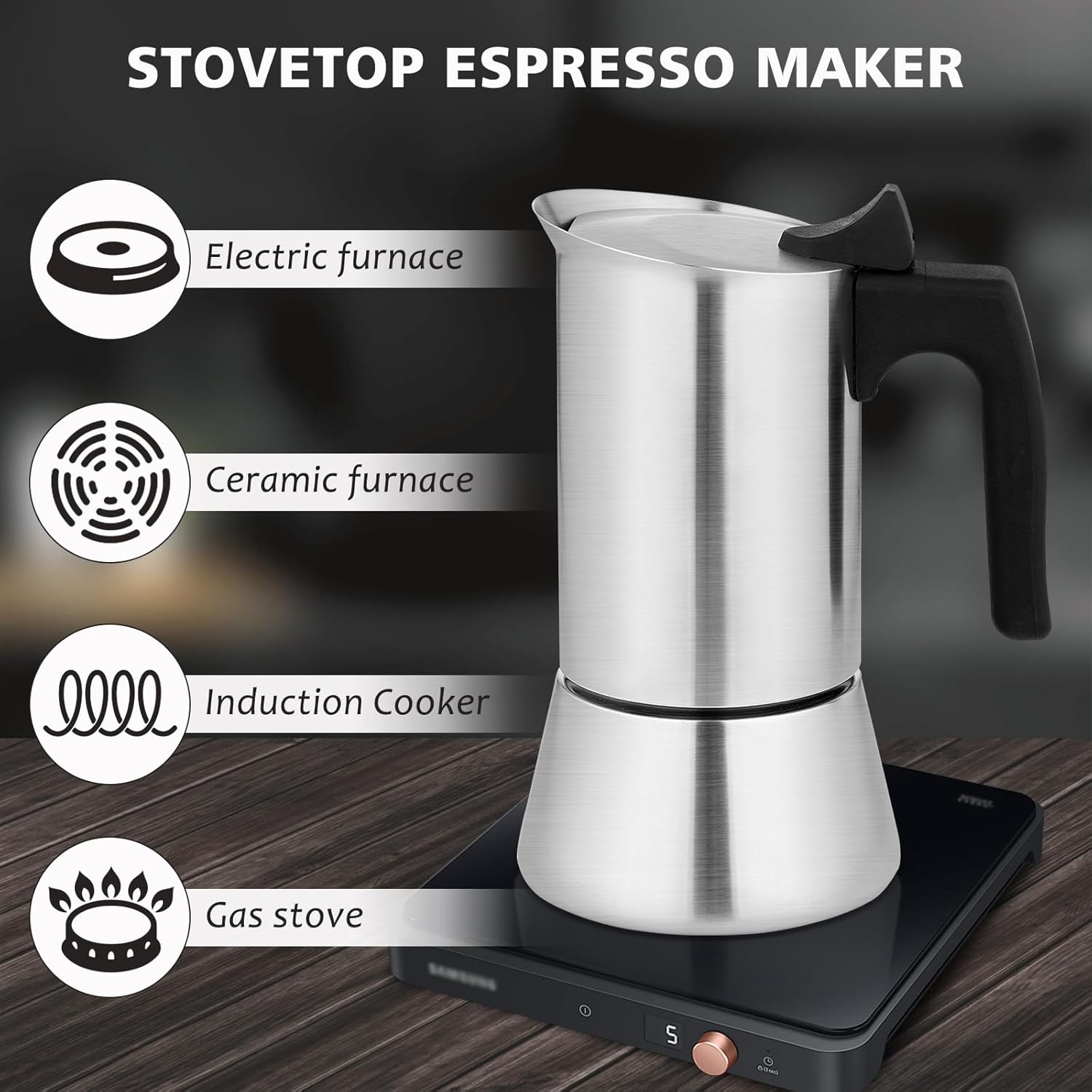 Espresso Maker Stainless Steel Moka Pot, 6 cup Espresso Coffee Pots 300ml/10oz(Espresso Cup=50ml/1.7oz), Italian Coffee Maker for Induction Cookers Hobs, Cafe Maker for Camping Home