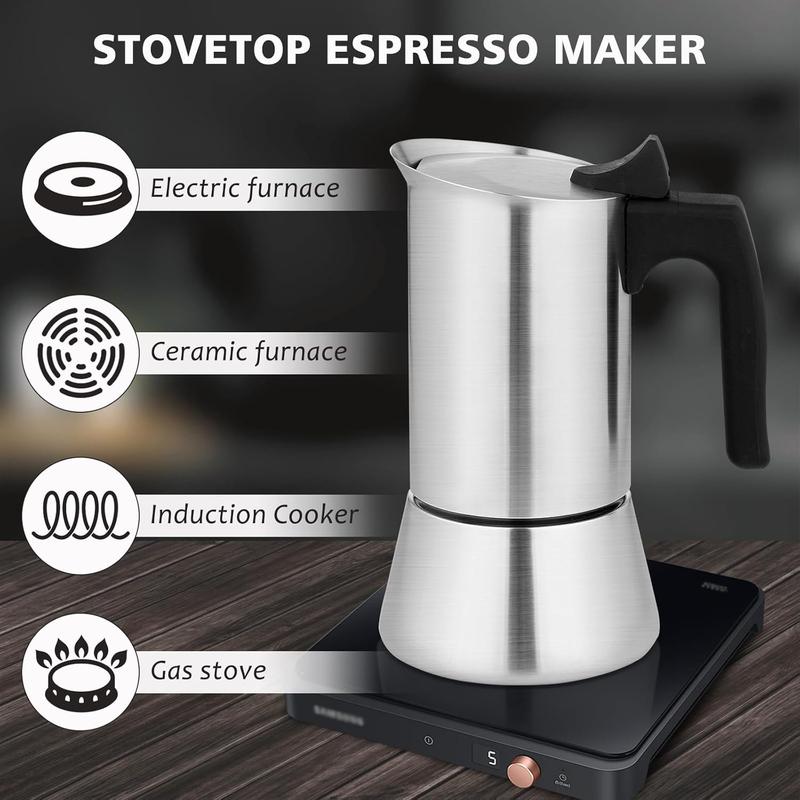 Espresso Maker Stainless Steel Moka Pot, 6 cup Espresso Coffee Pots 300ml/10oz(Espresso Cup=50ml/1.7oz), Italian Coffee Maker for Induction Cookers Hobs, Cafe Maker for Camping Home