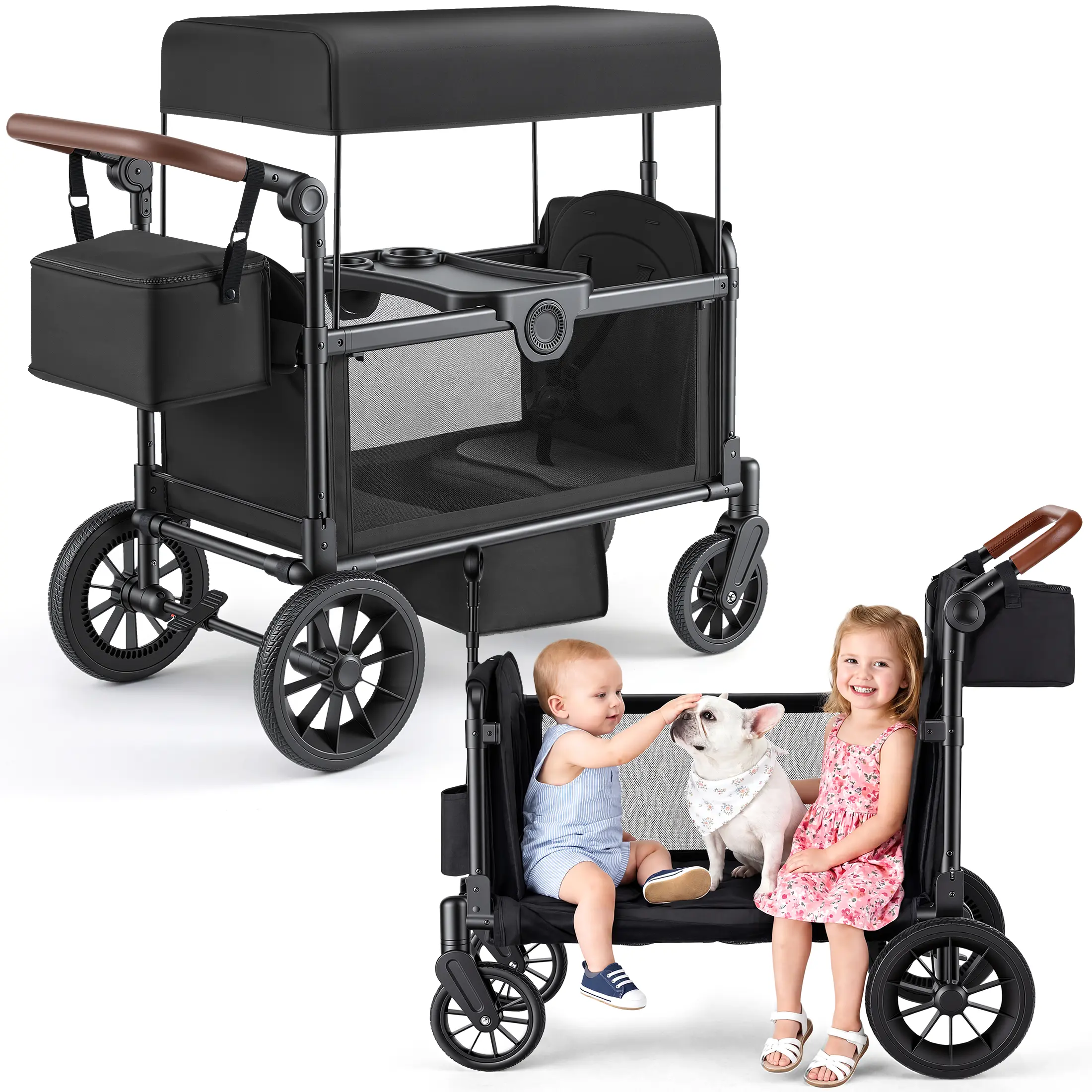 [backtoschool ]HARPPA Foldable Wagon Stroller for 2 Kids, All-Terrain Stroller Wagon with Removable UV Canopy, 5-Point Harness, Bench Seat, Portable Outdoor Kids Wagon for Toddlers, Gray