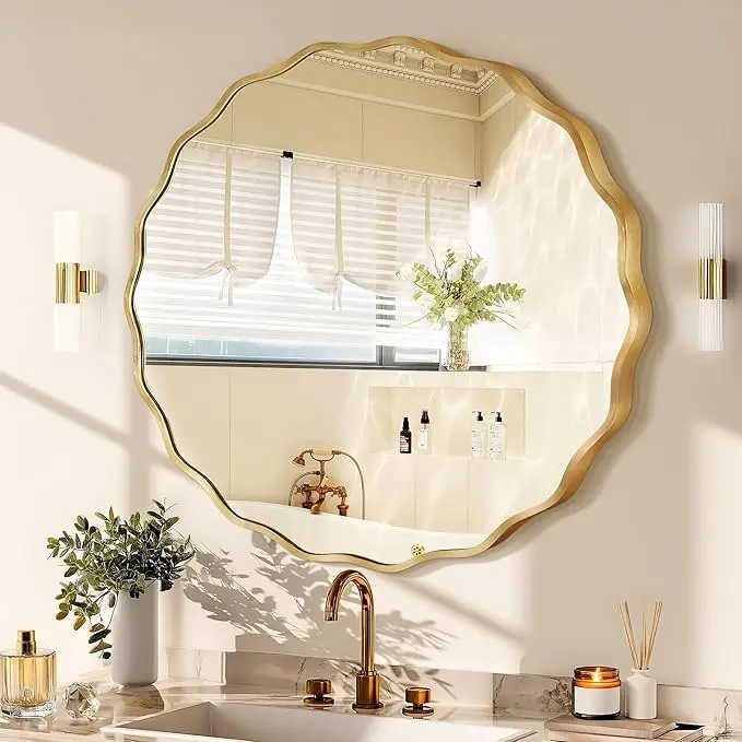 TVF Gold Round Mirror for Wall, 24"x24" Decorative Wavy Bathroom Mirror with Brushed Alloy Frame & Shatter-Proof Glass