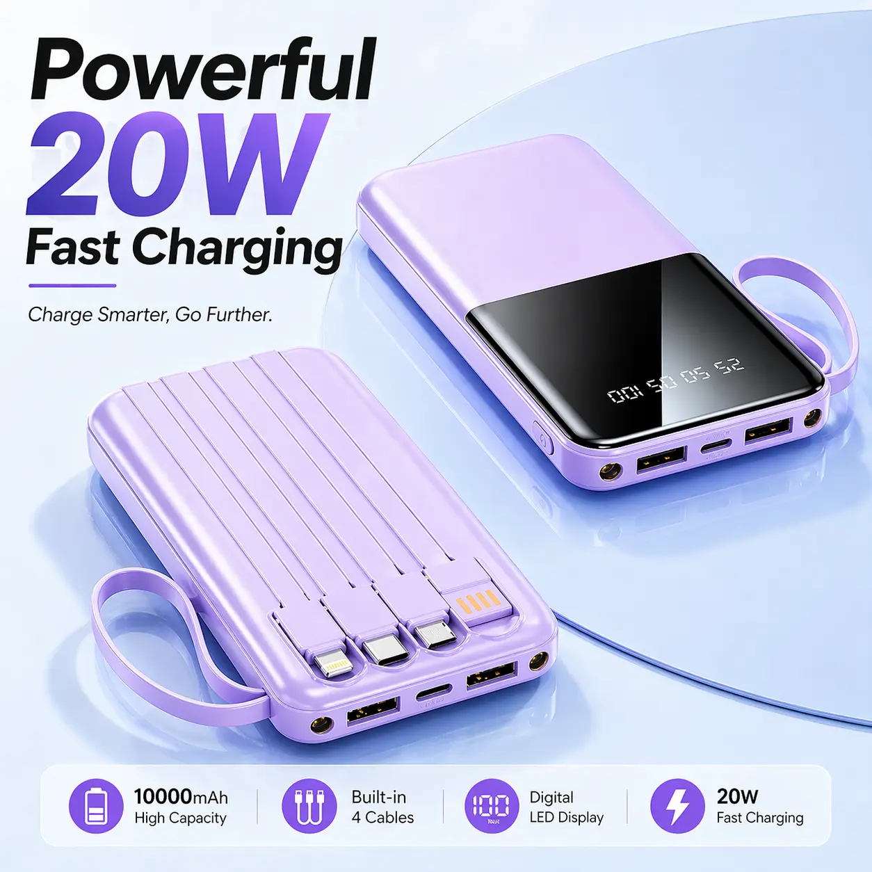 10,000 mAh 20 W Fast Charging Portable High-Capacity Power Bank Type‑C USB Cable with Smart Digital Display Screen Integrated Flashlight Function Stable Lithium Battery Pack Suitable for Outdoor Emergency Scenarios travel c _ Compact Protection power bank