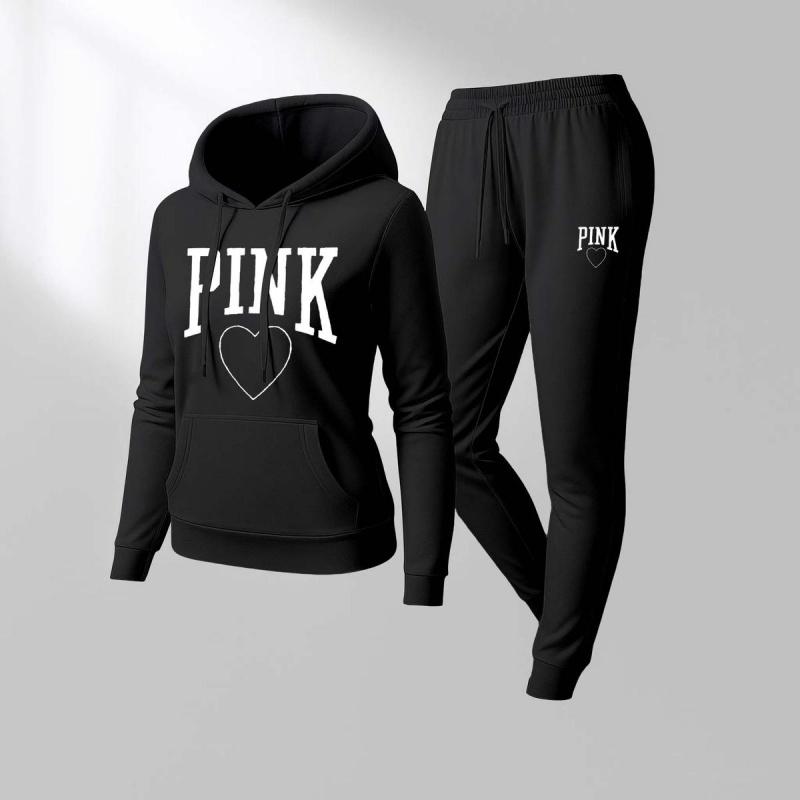Women's Pink Heart Print  Hoodie And Drawstring Track Pants Set, Casual Sportswear, Long-Sleeved Hooded Jacket And Pants, Suitable For Autumn And Winter, Everyday Wear, Indoor And Outdoor Sportswear, Casual Sportswear.