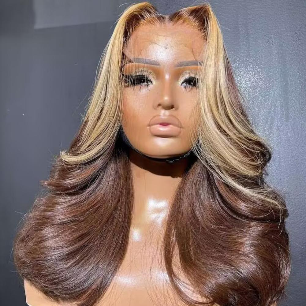 Brown Blonde Highlight Bob Wig Human Hair 13x4 HD Transparent Lace Front Body Wave Bob Wig Pre Cut Pre Plucked Hairline  Short Bob Wigs for Women
