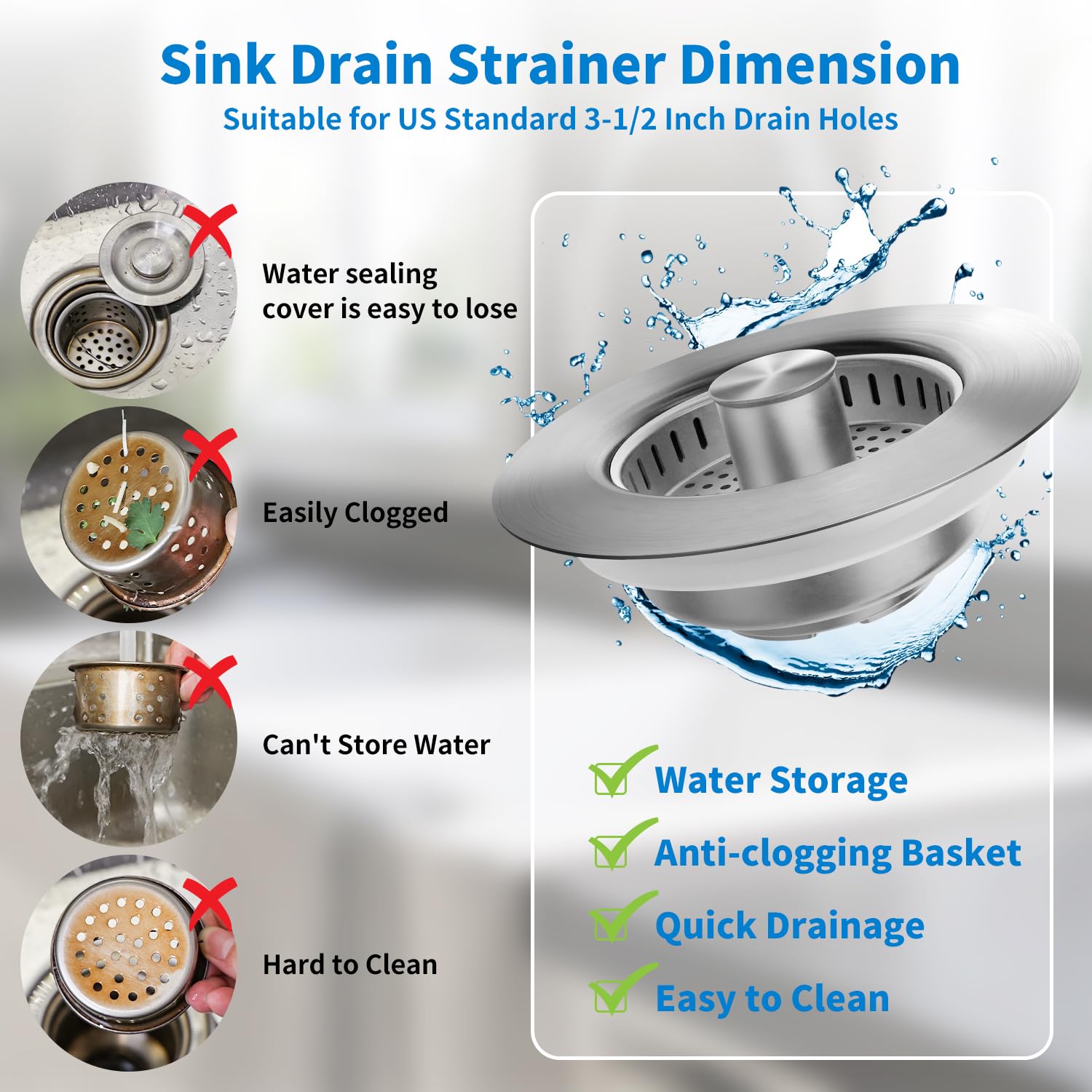 2PC Kitchen Sink Drain Strainer 3 in 1 304 Stainless Steel Pop-UpSink Stopper with Filter Basket, Anti-Clogging Function,Tool-Free Installation