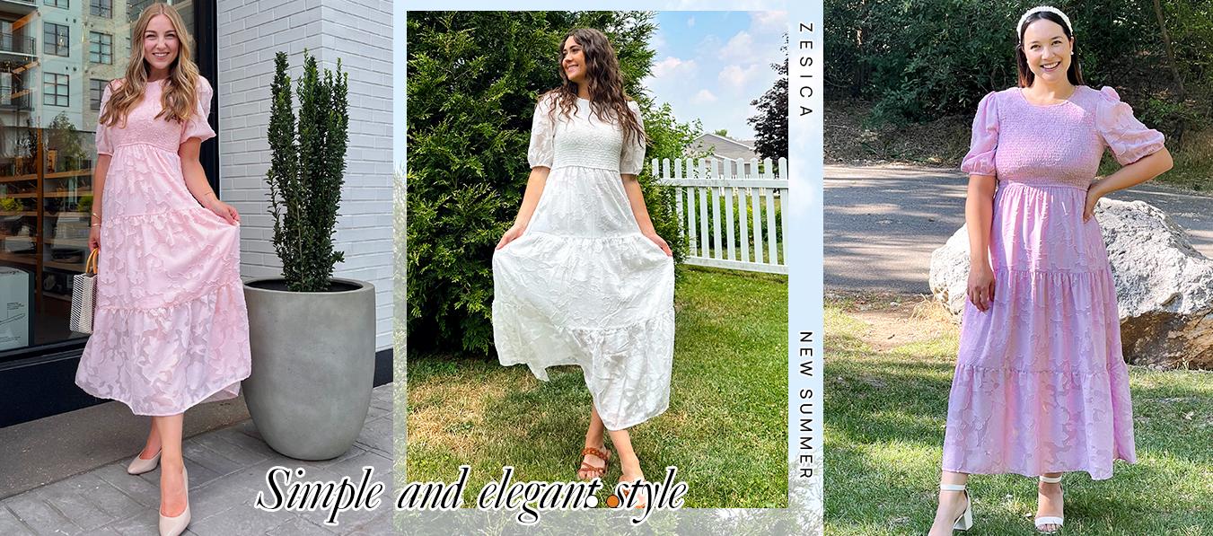 ZESICA Women's 2026 Summer Short Puff Sleeve Crewneck Smocked Floral Lace Flowy A Line Tiered Maxi Dresses ZESICA Women's 2026 Summer Short Puff Sleeve Crewneck Smocked Floral Lace Flowy A Line Tiered Maxi Dresses