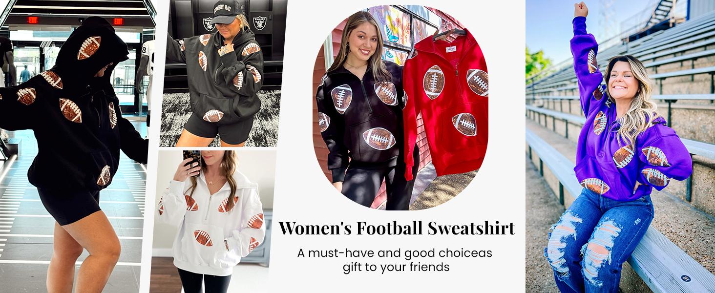 Molitree Women's Game Day Sweatshirts Football Sequin Long Sleeve Zipper Hoodies with Pocket Cotton Material Adjustable Drawstring Hooded Collar Front Kangaroo Pocket Casual Womenswear