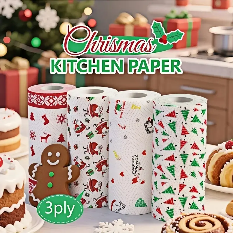 4 PCS Christmas Kitchen Paper Set – Thick 3-Layer Disposable Roll, Wet & Dry Dual-Purpose, Household Paper Towels, Cleaning Supplies, Household Items, Xmas Home Cleaning, Festive Kitchen Paper, Christmas Gift Idea, Absorbent Tissue, Holiday Decor