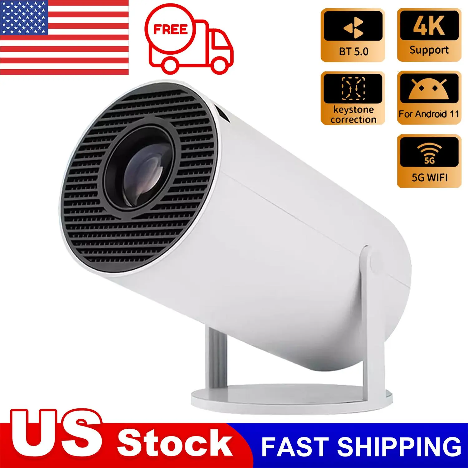 Mini Smart Projector，Portable Android Dual Wifi Projector，Auto Vertical Keystone 180°Rotatable Smart Proyector for Movie Home Outdoor，Supports 4K and 1080p resolutions, equipped with dual-band Wi-Fi 6 5GHz wireless networking and Bluetooth 5.2