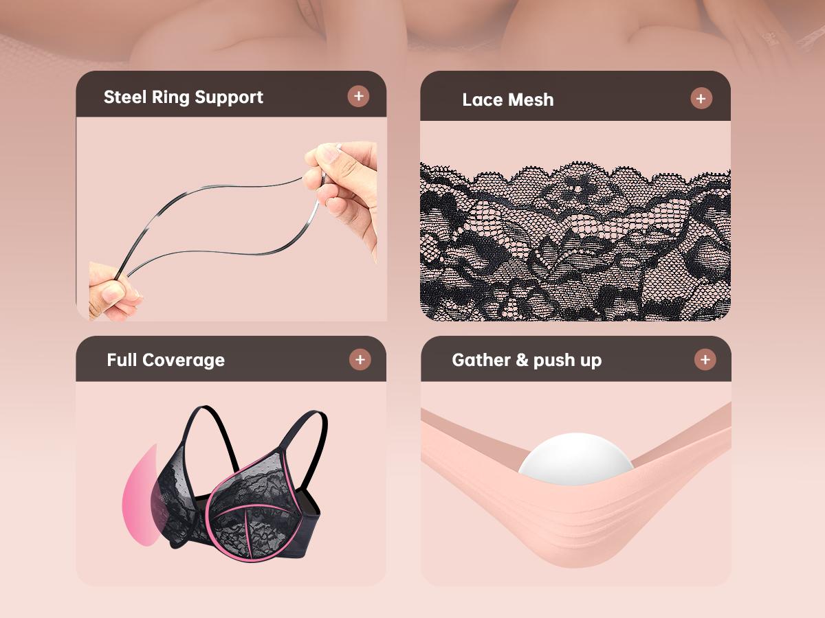 OEAK Womens Minimizer Bras Underwire Full Coverage Bra Plus Size Unlined Lace Bralette Lifting Tshirt Bras for Large Breast