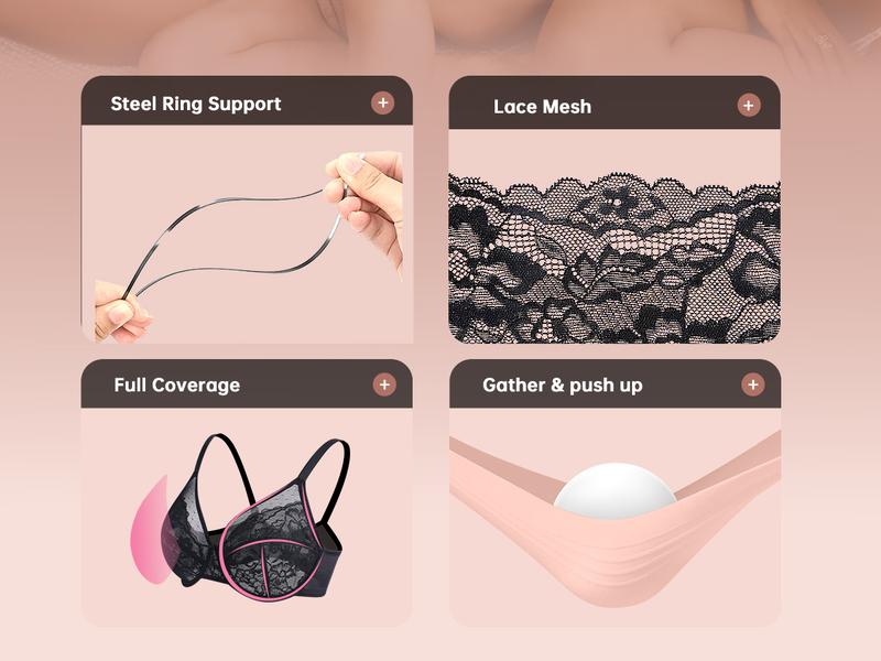 OEAK Womens Minimizer Bras Underwire Full Coverage Bra Plus Size Unlined Lace Bralette Lifting Tshirt Bras for Large Breast