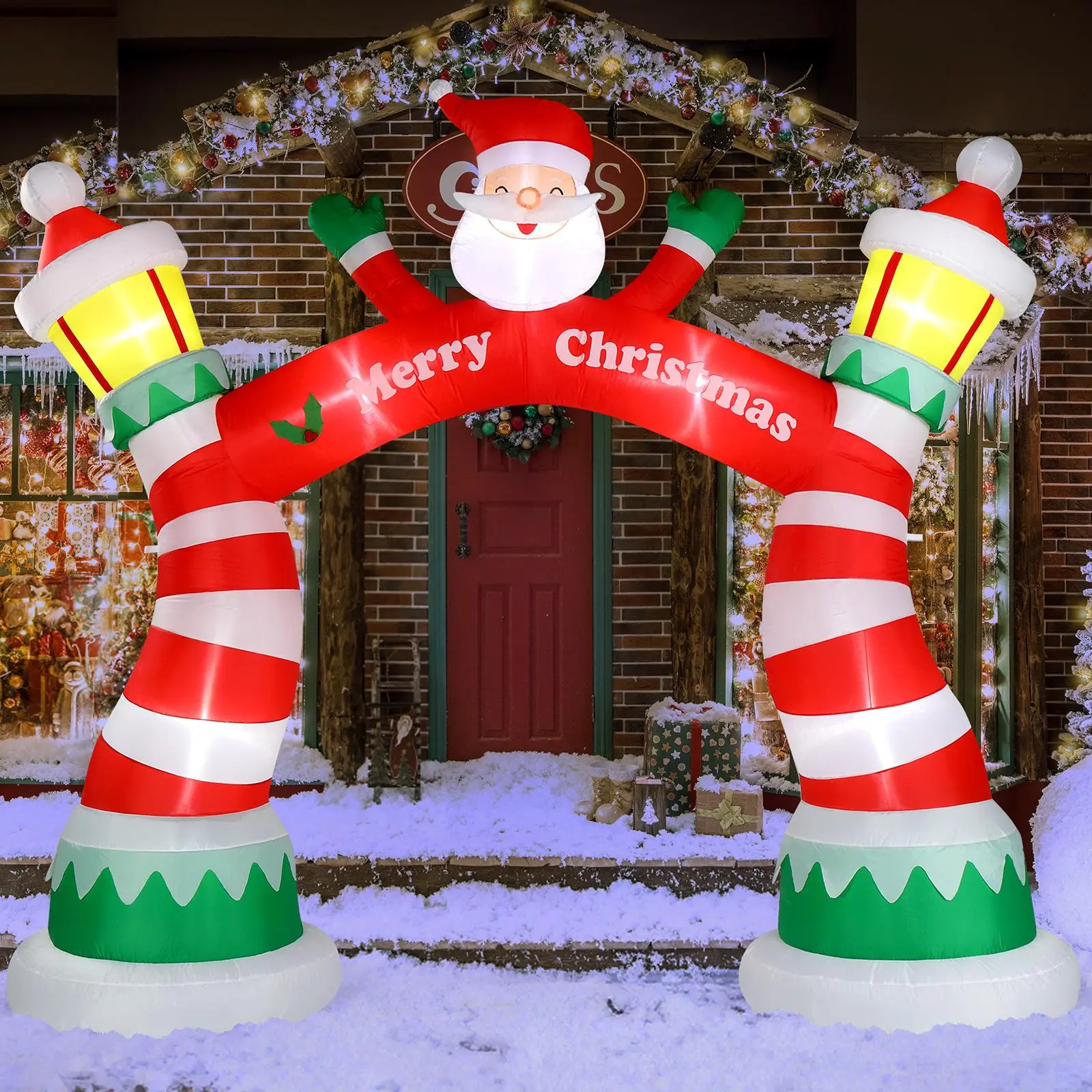 8.9 FT Corded Lighted Christmas Inflatable Archway - Arch Shape, Large Size, Built-in LED Lights, Water Proof, Securing Ropes, Set of Ground Stakes, Santa Claus Yard Decor for Magical Holiday Party Backdrop & Photo Display