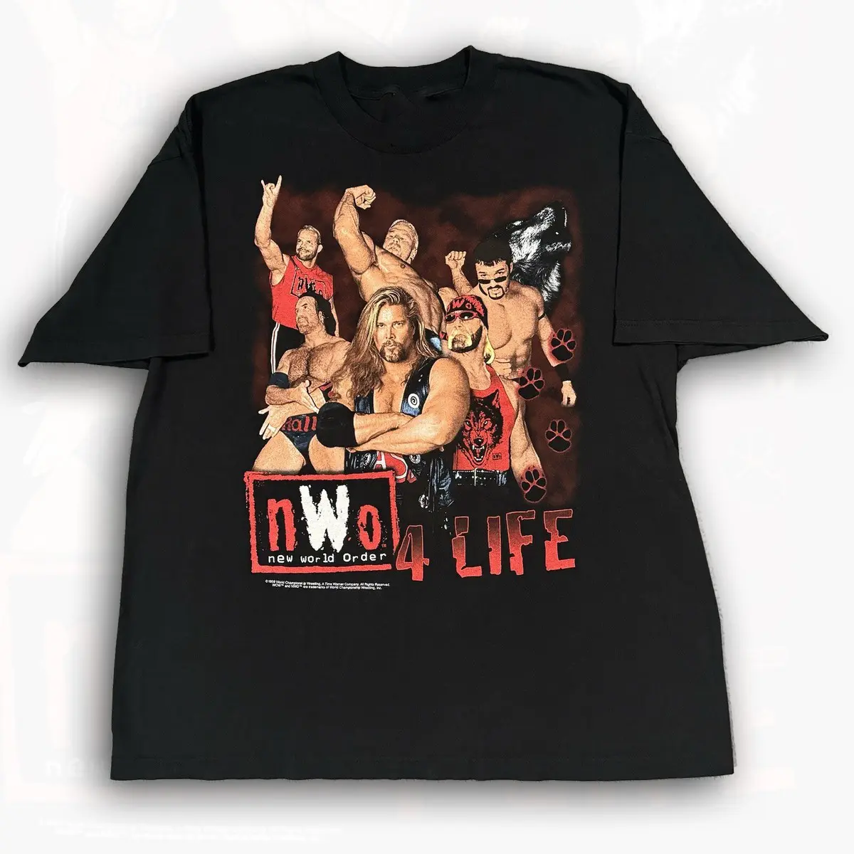 nWo Wolfpac Vintage 90s T-Shirt, Hulk Hogan Kevin Nash 3D Wrestling Graphic, Retro WCW Logotel Style, Men's Black Throwback Tee