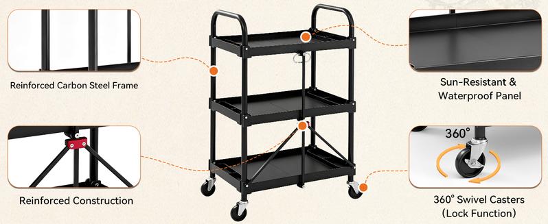 85-188 Pack-N-Roll Folding Collapsible Service Cart, 150LB Capacity, Black