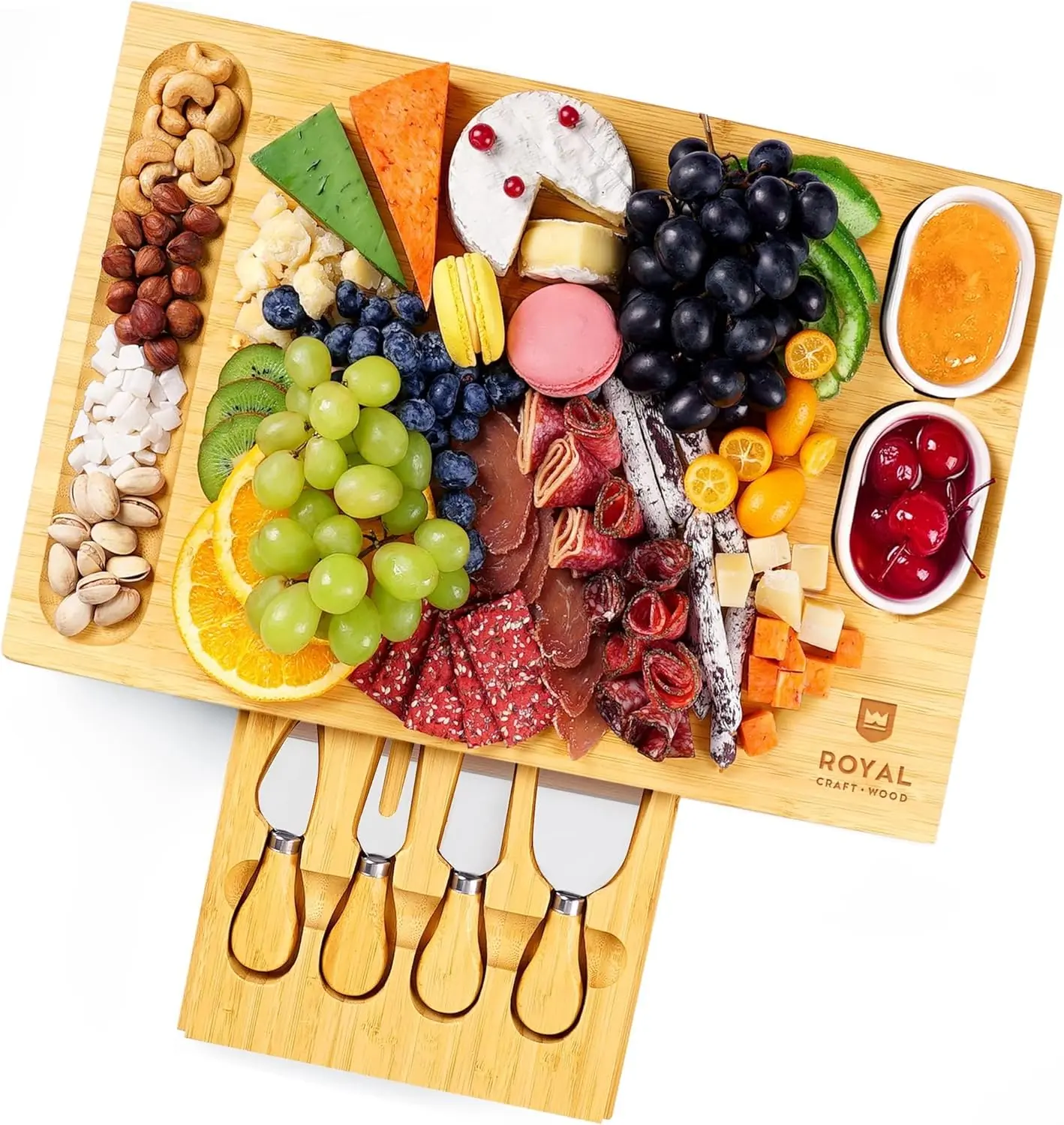 Royal Craft Wood Charcuterie Board with Knives - Cheese Platter & Serving Tray, Cheese Board Set, Wooden Bamboo Tableware with Cutlery