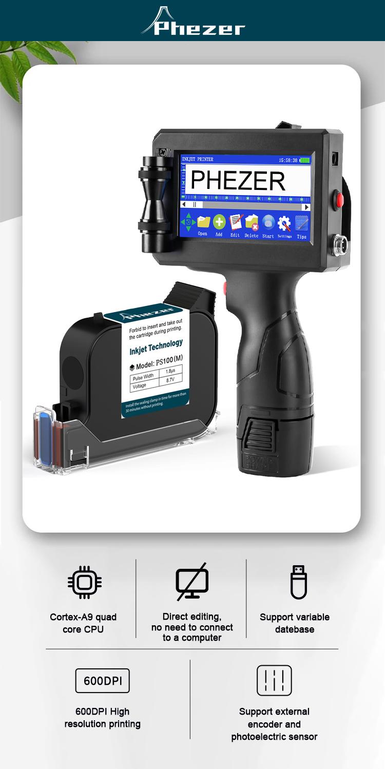 Phezer P15 Smart Touchscreen Handheld Inkjet Coder | High Adhesion PS100 Black Ink (0.5 Inch/12.7mm) | 600DPI Portable Printer for Metal, Glass, Plastic. Prints Date, Batch Code, QR, and Barcode Cloth Printing