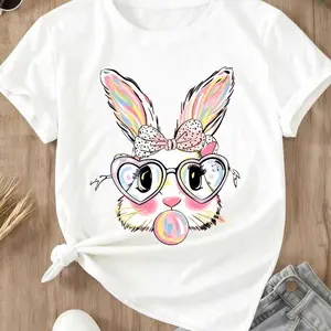 Cute Bunny Rabbit T-Shirt  Colorful Easter Bunny With Heart Glasses And Bubblegum Print For Spring And Holiday Wear