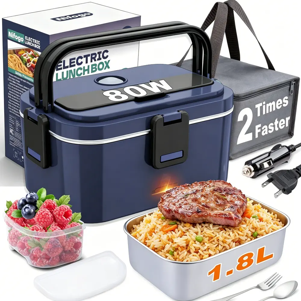 Portable Unisex LED Digital Electric Lunch Box Warmer - High Wattage 80/100W, Triple Voltage 12V/24V/110V, Even Heating Thermal Tote with Included Tableware (Fork, Spoon), Integrated Fork