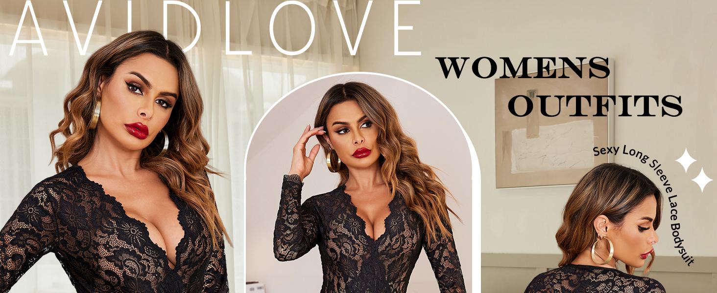 Avidlove Lace Bodysuit for Women Long Sleeve V Neck Body Suits Going Out Tops Snap Crotch One Piece Lingerie SpringStatements
