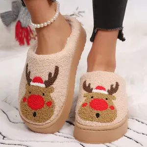Women's Soft Fuzzy Reindeer Slippers Warm Platform House Shoes Indoor Outdoor
